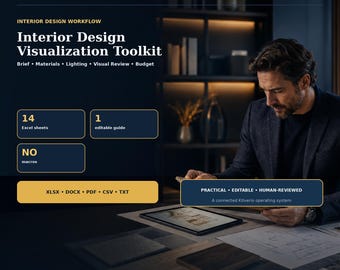Interior Design Project Management Excel Template, Client Brief, Materials, Lighting, Revision and Budget Tracker