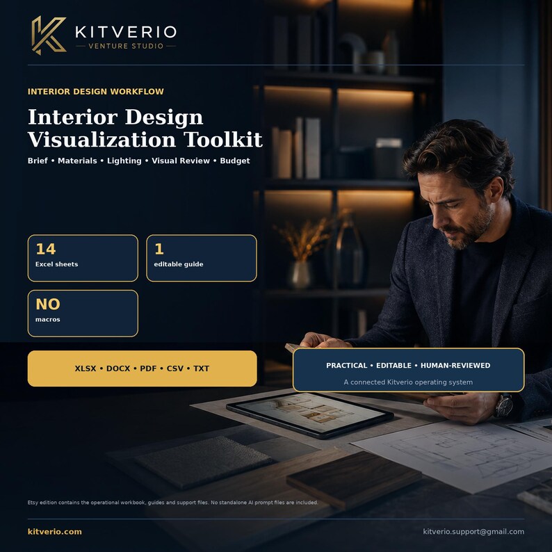 Interior Design Project Management Excel Template, Client Brief, Materials, Lighting, Revision and Budget Tracker image 1