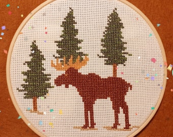 PDF pattern MOOSE in Forest,  Cross stitch- PDF Pattern, fun moose embroidery