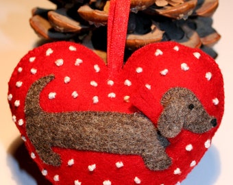 Woolfelt Christmas heart, dachshund, ornament, Valentine