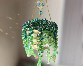 AB‑Finish Glass Bead Plant Suncatcher, Handwoven Basket Hanging Decor, Optional Dried Forget‑Me‑Not Flower & Birthstone Pendant