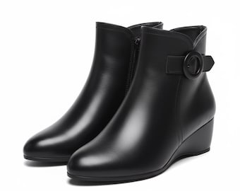 Women's Black Ankle Boots, Pointed Toe Wedge Heels, Fleece Lined Zip Booties
