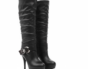Women's Knee High Platform Boots, Round Toe Chunky Heels, Tall Winter Boots