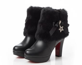 Botas de invierno para mujer con plataforma, detalle de lazo de piel afelpada, botas de nieve cálidas de tacón alto.
