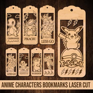 May include: A collection of eight light-colored wooden bookmarks featuring laser-cut designs of various animated creatures. The bookmarks display characters like Charmander, Pikachu, Squirtle, and Bulbasaur, along with the text "LESS GO" and "Pokémon".