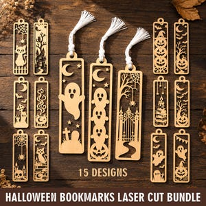 May include: A collection of 15 laser-cut wooden bookmarks featuring Halloween themes such as ghosts, pumpkins, cats, bats, and haunted houses. Three bookmarks include white tassels. The text 15 DESIGNS HALLOWEEN BOOKMARKS LASER CUT BUNDLE is visible.
