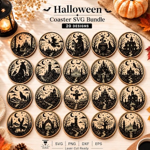 May include: A collection of 20 circular wooden coasters featuring black laser-cut Halloween designs including witches, haunted houses, pumpkins, and spooky landscapes. The text "Halloween Coaster SVG Bundle 20 DESIGNS" is printed at the top.