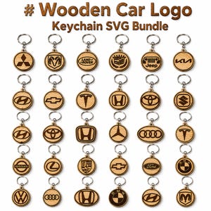 Puede incluir: Una colección de llaveros circulares de madera con varios logotipos de marcas de automóviles grabados en marrón oscuro. El texto # Wooden Car Logo Keychain SVG Bundle aparece en la parte superior. Cada llavero incluye una anilla de metal plateado.