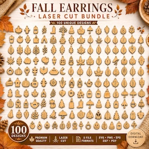 Puede incluir: Una colección digital de 100 diseños de pendientes cortados con láser con motivos otoñales como hojas, calabazas, setas e iconos estacionales. El conjunto incluye formatos de archivo SVG, PNG, EPS, DXF y PDF para proyectos de manualidades.