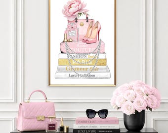 Rosa modebokstryck, väggkonst med rosa väskor, konst med rosa skor, modetryck med pioner, glamourdekor i Paris, väggkonst med feminin mode