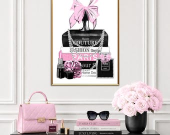 Väggkonst med modeböcker, tryck med rosa rosettskor, konst med parisisk mode, haute couture-dekor, glamoröst modetryck, digital nedladdning
