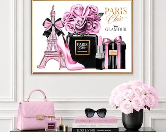 Paris Chic Modetryck, Väggkonst med rosa skor, Eiffeltornets Tryck, Rosa Rosor Konst, Glamourväggdekor, Paris Modeaffisch