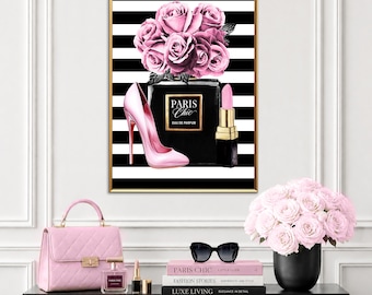 Chic Perfume Wall Art, Striped Fashion Art, Perfume Bottle Print, Pink Heel Art, Digital Download