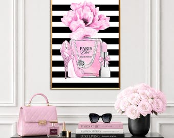 Paris Chic Perfume Print, Pink Striped Fashion Wall Art, Pink Shoes Art, Pearl Fashion Decor, Pink Floral Art, Digital Download