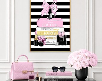 Randigt modebokstryck, konst med rosa rosettskor, väggkonst med parisisk mode, couture-dekor, glamoröst modetryck, rosa svart väggdekor
