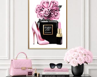 Pink Rose Perfume Wall Art, Fashion Wall Art, Paris Chic Perfume Print, Pink Heel Art, Perfume Bottle Art, Digital Download