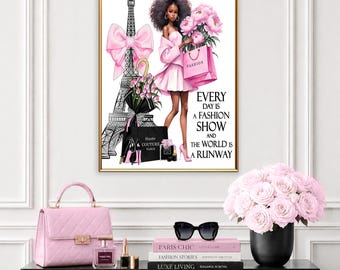 Paris modeflicktryck, rosa modeväggkonst, Eiffeltornets tryck, shoppingflickakonst, glamourdekor i Paris, moderumsväggkonst