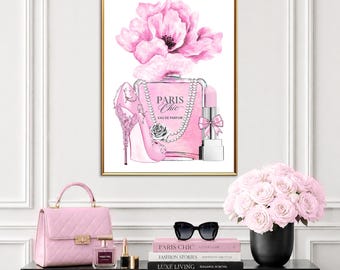 Pink Perfume Wall Art, Pink Shoes Print, Paris Chic Art, Fashion Wall Art, Pink Fashion Print, Glam Beauty Decor, Digital Download