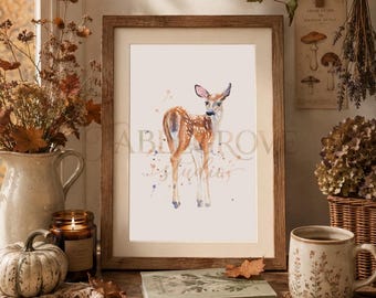 Akvarell Fawntryck – Nyckfull Farmhouse Cottagecore Art (Digital nedladdning)