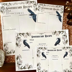 Apothecary Recipe Card Printable Set | 2 Hand Painted Designs Kitchen Witch Journal Pages | Raven Herbal Grimoire Digital Download A5 A4