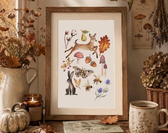 Akvarell höstsamlingstryck – Whimsical Farmhouse Cottagecore Art (digital nedladdning)