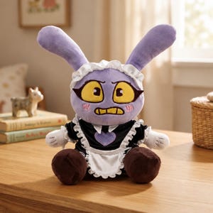 Puede incluir: Un peluche de un personaje de conejo morado con orejas largas, ojos amarillos grandes y una expresión gruñona. El personaje viste un vestido negro con un delantal blanco con volantes, un cuello blanco y un emblema de corazón morado en el pecho.