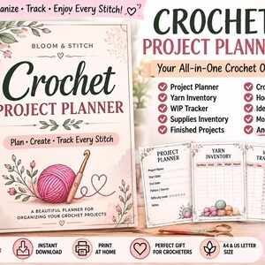 Könnte beinhalten: Ein spiralgebundener Häkelprojektplaner mit hellrosa Einband, der eine pinkfarbene Garnknäuel- und Häkelnadelillustration zeigt. Der Text lautet Crochet Project Planner, Plan, Create, Track Every Stitch. Enthält druckbare Seiten für Garninventar, WIP-Tracker und Projektjournale.