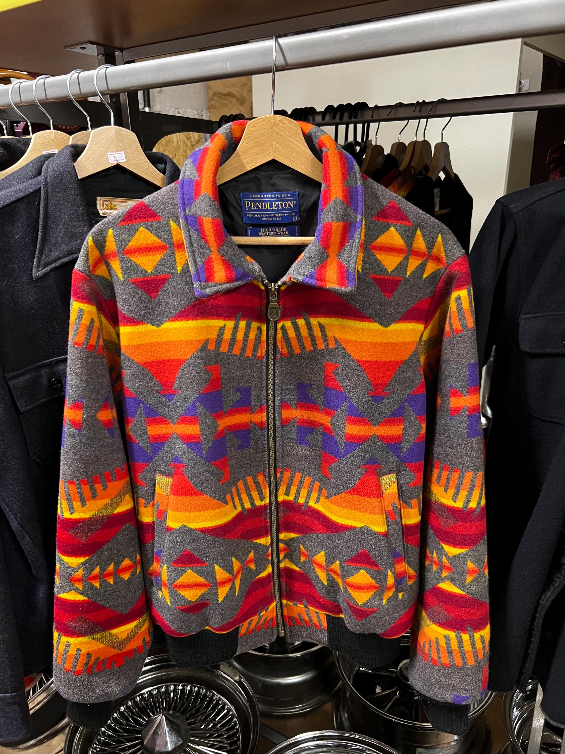 Vintage PENDLETON High Grade Western Wear pre-owned golden orange pattern wool native southwestern aztec bomber zip jacket size S