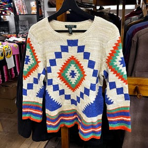 Lauren Ralph Lauren Abstract Indian Southwestern Navajo Style Knitted Sweater, Vintage Sweater, Western Sweater, Ralph Lauren Knitwear