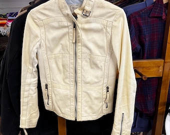 Marlboro Classics White Leather Jacket, Cafe Racer Style Leather Jacket, Biker Jacket, MCS Leather Jacket, Motorcycle Jacket, Ivory Leather