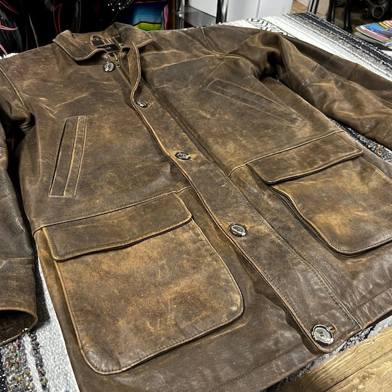 Vintage Saki Leather Jacket Coat, Western Cowboy Jacket, Herringbone Plaid Lining, Brown Distressed Patina Leather Jacket, Made In Sweden