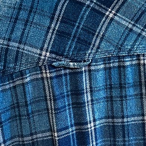 May include: Close-up of a blue plaid fabric. The pattern features a grid of intersecting lines in shades of blue and white. The fabric appears to be a woven material, possibly cotton or a similar textile. The image highlights the texture and color variations.