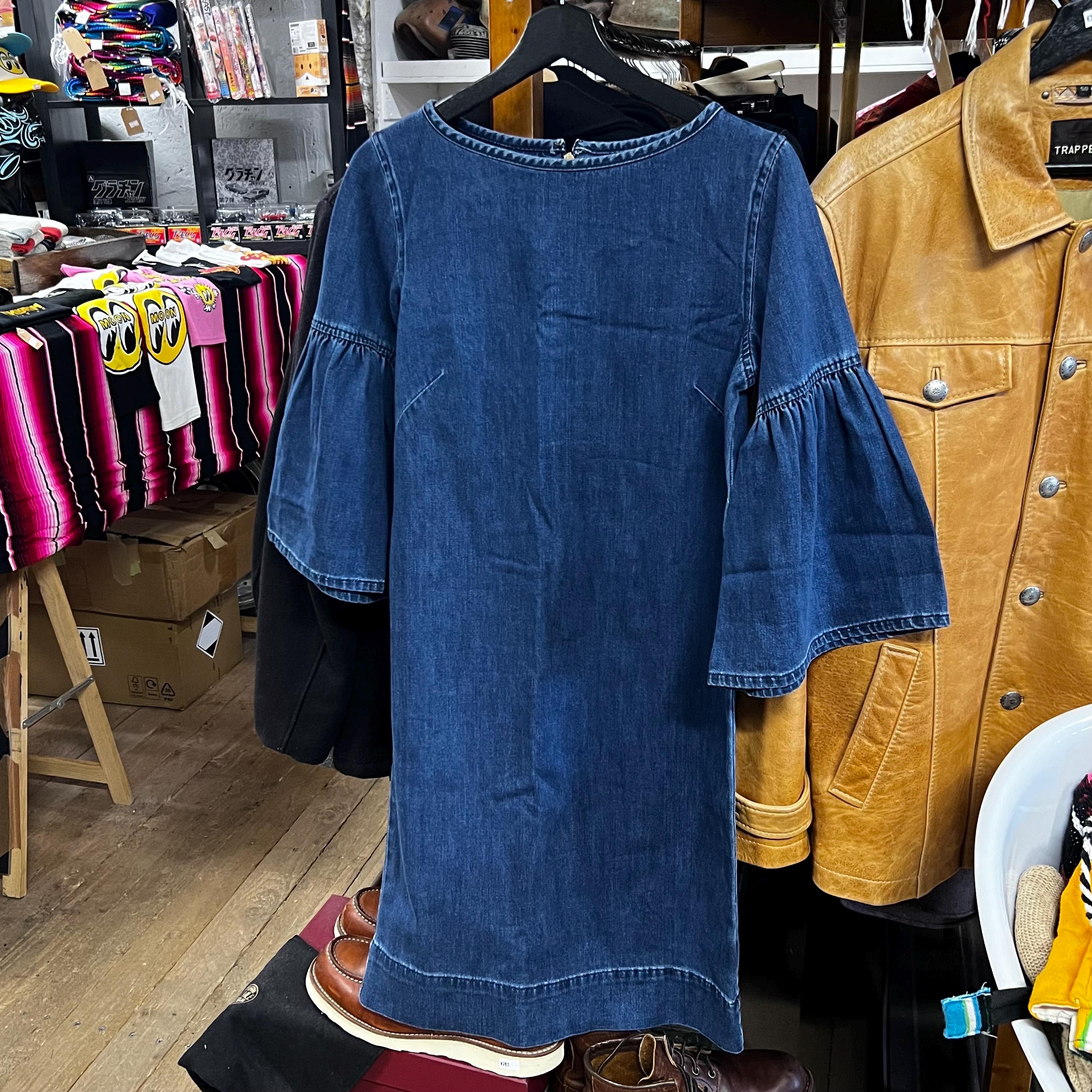 Lauren Ralph Lauren Vintage Denim Midi Dress / Bell Sleeve Dress / Blue Jean Dress / Navy Blue Dress / Knee Length Dress, Flare Sleeve Dress
