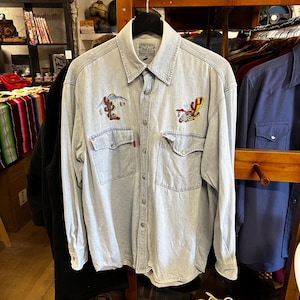 Vintage Pueblo & Co Made In Italy Denim Western Style Shirt, Pearl Snap Buttons, Long Sleeve, Blue Jean, Denim Blouse, Button Up, Streetwear