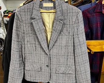 Veste blazer Pendleton vintage en laine vierge pour femmes des années 70, veste à carreaux, motif gris bleu rouge, doublure en satin doré, veste vintage