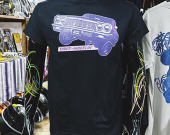 Three Wheelin’ Lowrider Black Crew Neck T-shirt, Impala, Kustom Kulture Shirt, Custom Car Shirt, Lowriding, Gearhead Shirt, Gildan Unisex