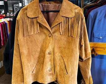 Vintage 90s Fringed Caramel Suede Leather Jacket, Made In England, Western Jacket, Cowboy Leather Jacket, Brown Suede Jacket, Fringed Jacket