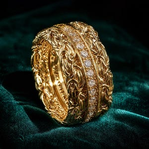 May include: A wide gold ring featuring a central row of round clear stones flanked by two bands of intricate, woven metal links. The gold has a polished, reflective finish, and the design creates a textured, dimensional appearance across the band.