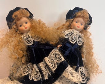 Pair of Vintage Porcelain Dolls – Navy Velvet & Lace – 25cm – Collectible Display Set