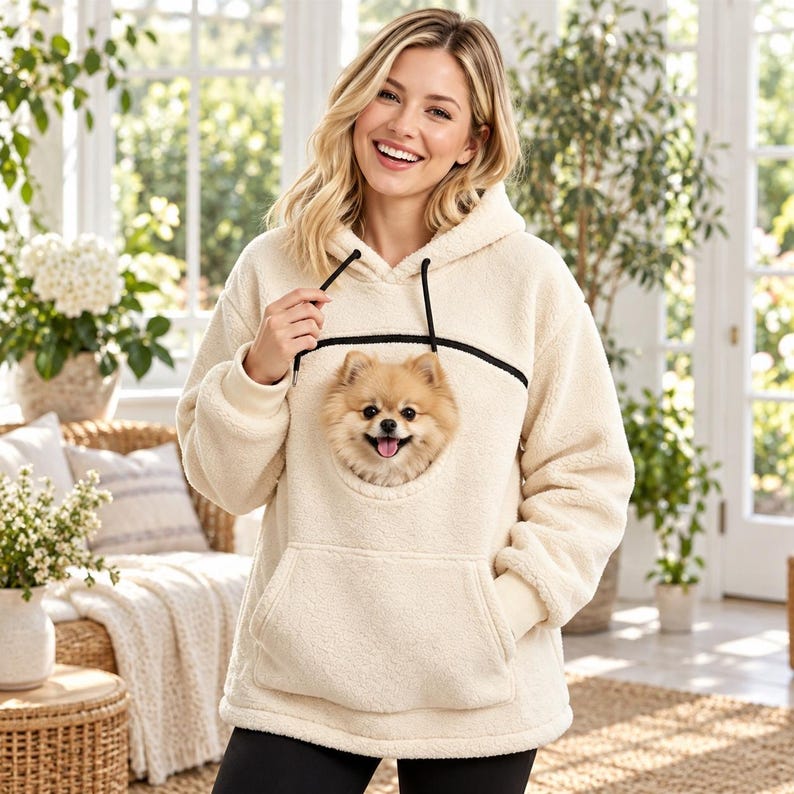 Ivory PawHug fleece hoodie showing pet carrying pouch