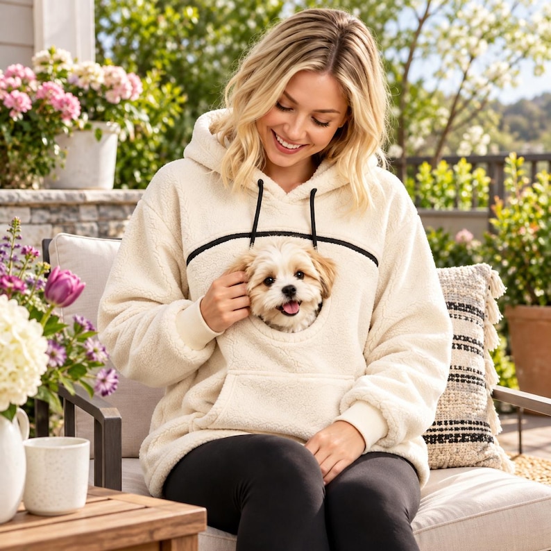 PawHug ivory polar fleece pet carrier hoodie with small dog