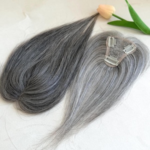 Postizo para el cabello color sal y pimienta, base transpirable de 7,6 x 10,2 cm, mezcla de cabello humano de 25,4 cm.