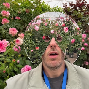 May include: A circular, reflective mirror with a wedge-shaped cutout and two circular eye holes, held in front of a face. The mirror surface reflects a garden filled with blooming pink roses and green foliage, matching the surrounding rose bushes.