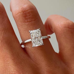 Radiant Cut Lab Grown Diamond Solitaire Engagement Ring, 14K Gold Rectangle Shaped Proposal Ring