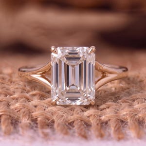 Emerald Lab Grown Diamond Engagement Ring, 14K Gold Bridal Split Shank Solitaire Ring