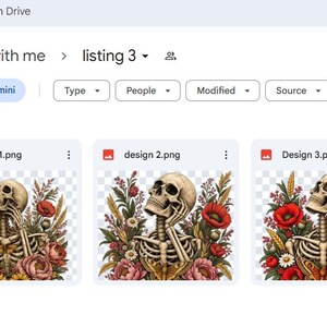 May include: A digital interface showing three distinct graphic files labeled design 1.png, design 2.png, and Design 3.png. Each file displays a detailed illustration of a human skeleton surrounded by vibrant red poppies, wheat, and flowers.