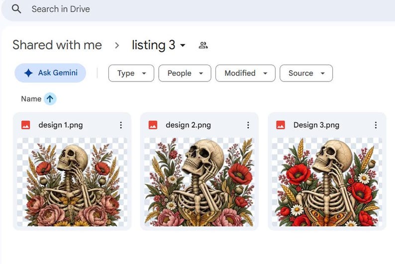May include: A digital interface showing three distinct graphic files labeled design 1.png, design 2.png, and Design 3.png. Each file displays a detailed illustration of a human skeleton surrounded by vibrant red poppies, wheat, and flowers.
