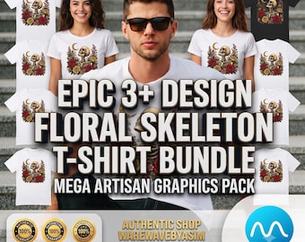 Floral Skeleton PNG Bundle, Gothic Skull Shirt Design, Halloween Sublimation PNG, Digital Download