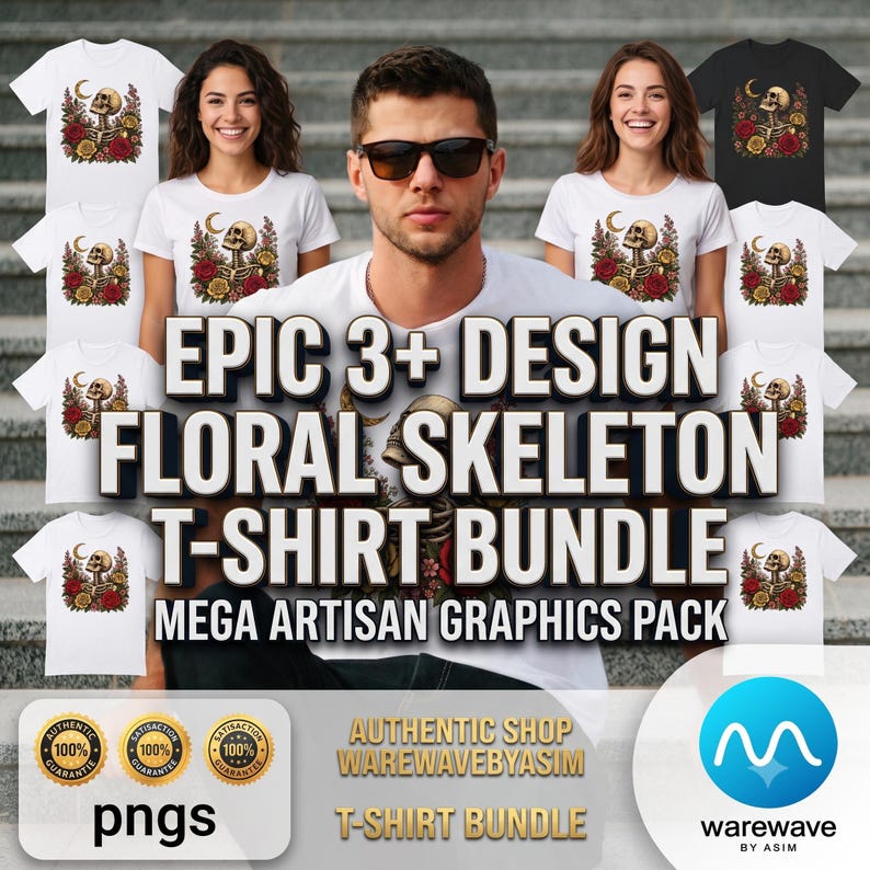 May include: A digital graphic bundle featuring a floral skeleton design with a crescent moon, red and yellow roses, and foliage. The collection includes multiple t-shirt mockups in white and black, displaying the artwork on the front center.