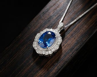 Collana con pendente ovale in zaffiro blu reale, con contorno in stile Art Déco, in argento sterling, pietra portafortuna di settembre.
